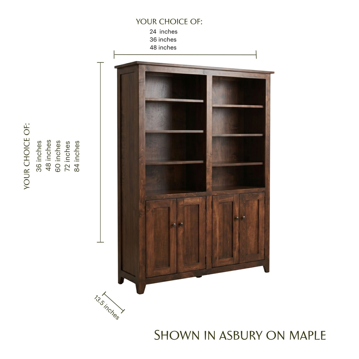 Simple Shaker maple bookcase in a dark Asbury stain with open shelves and lower cabinets.