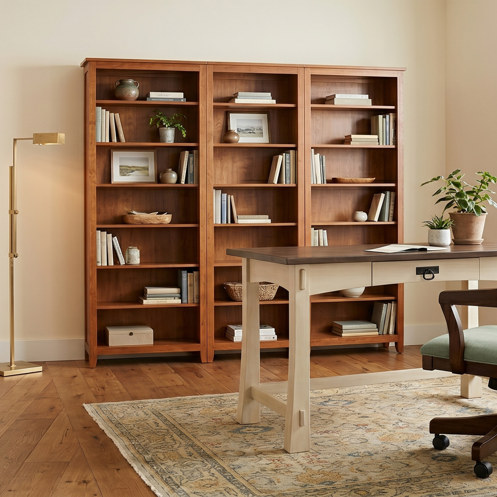 Modesto two-tone solid wood writing desk with a cream base and dark top in a home office