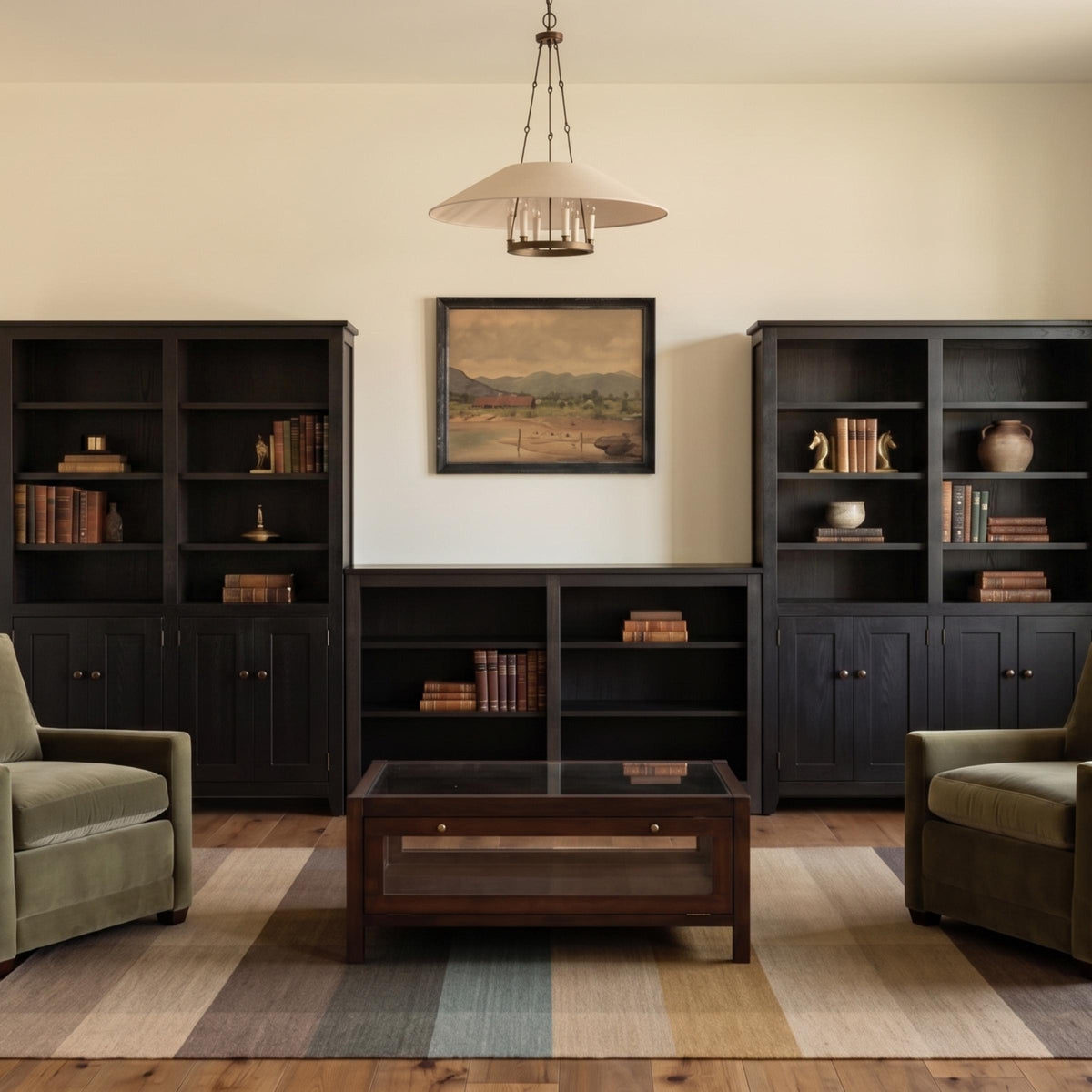 Dark stain Simple Shaker bookcases and low shelving unit in a living room setting