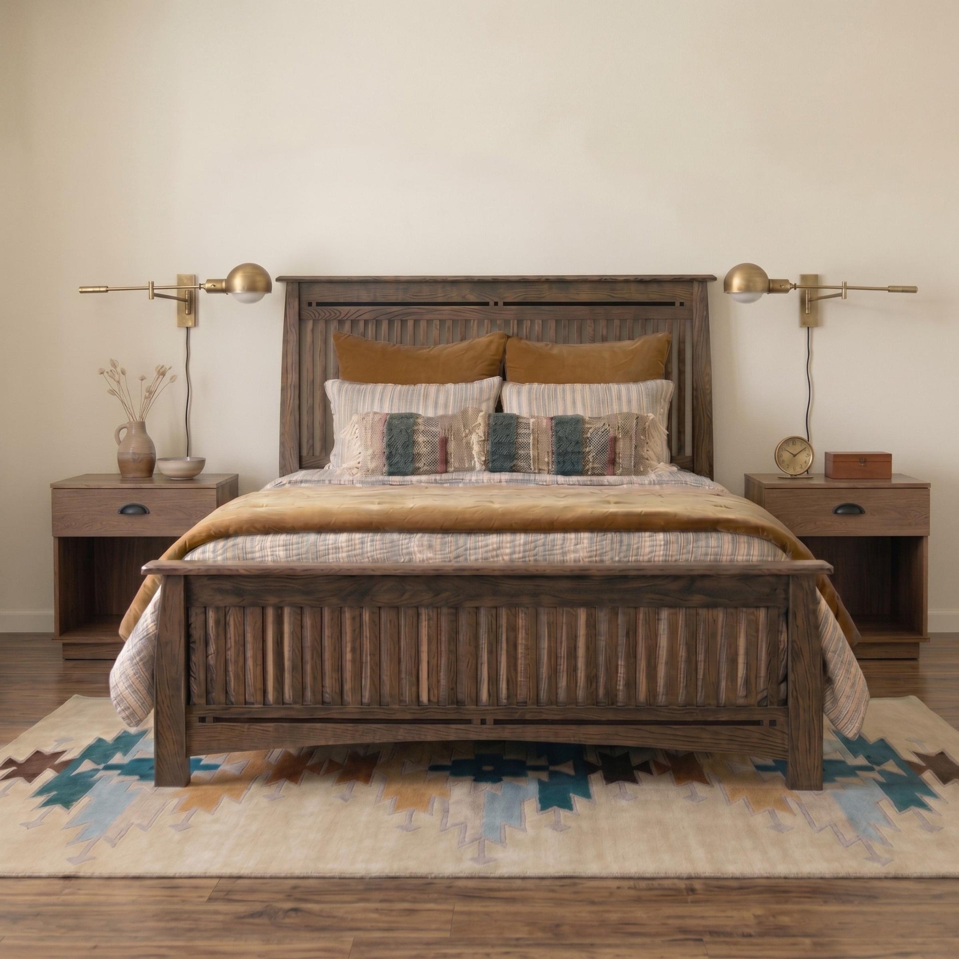 Two brass Cannon adjustable wall lamps mounted above bedside tables in a bedroom.