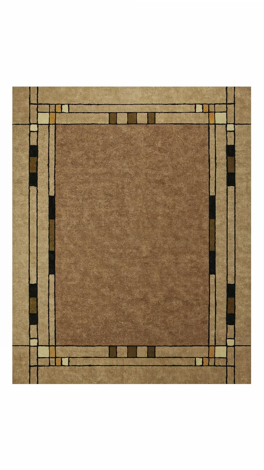 Prairie Spring hand-tufted rug with a geometric border in brown, beige, and black.