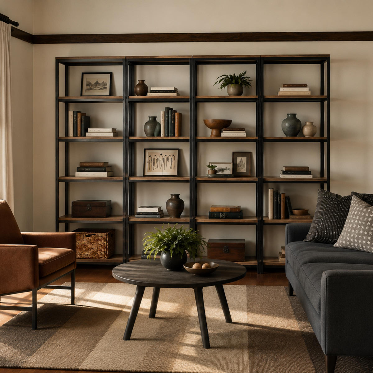 Omni Bookcase with a black metal frame and wood shelves in a modern living room.