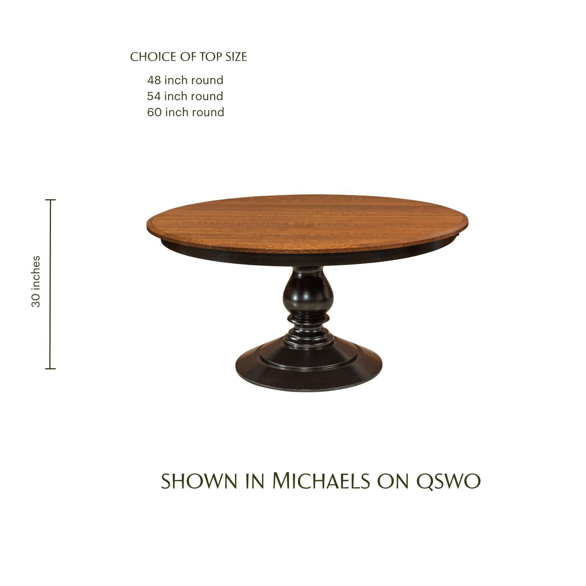 St Charles round solid hardwood dining table with a brown oak top and black pedestal base