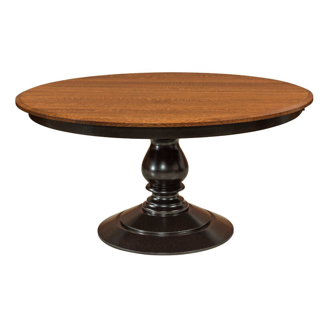 St Charles round solid wood dining table with a brown top and black pedestal base.