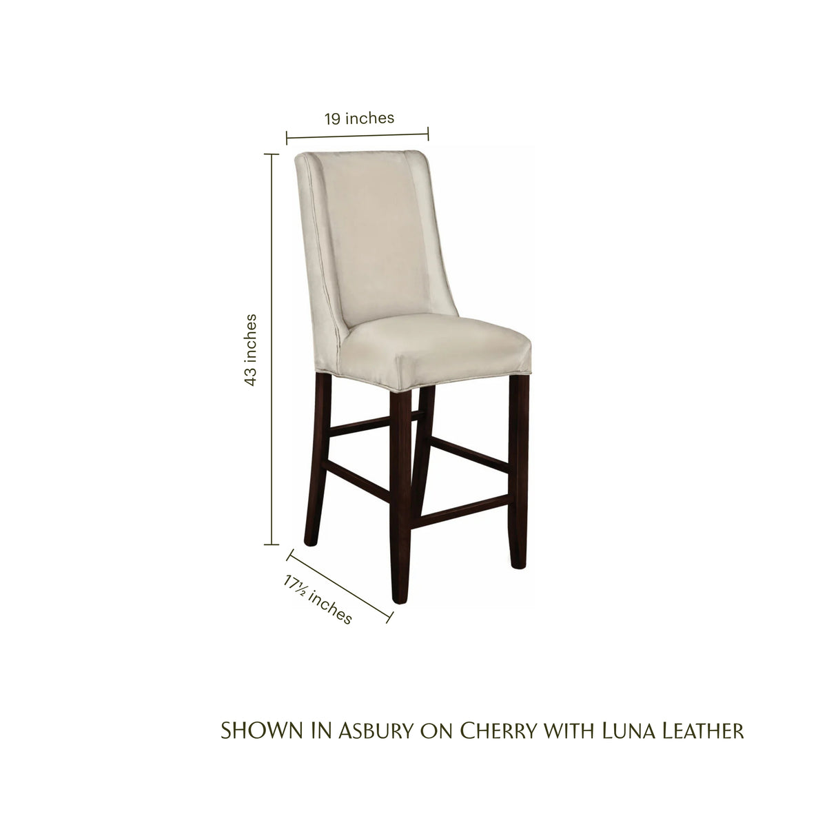 Stella Bar Chair in Luna leather and dark cherry wood with dimensions shown.