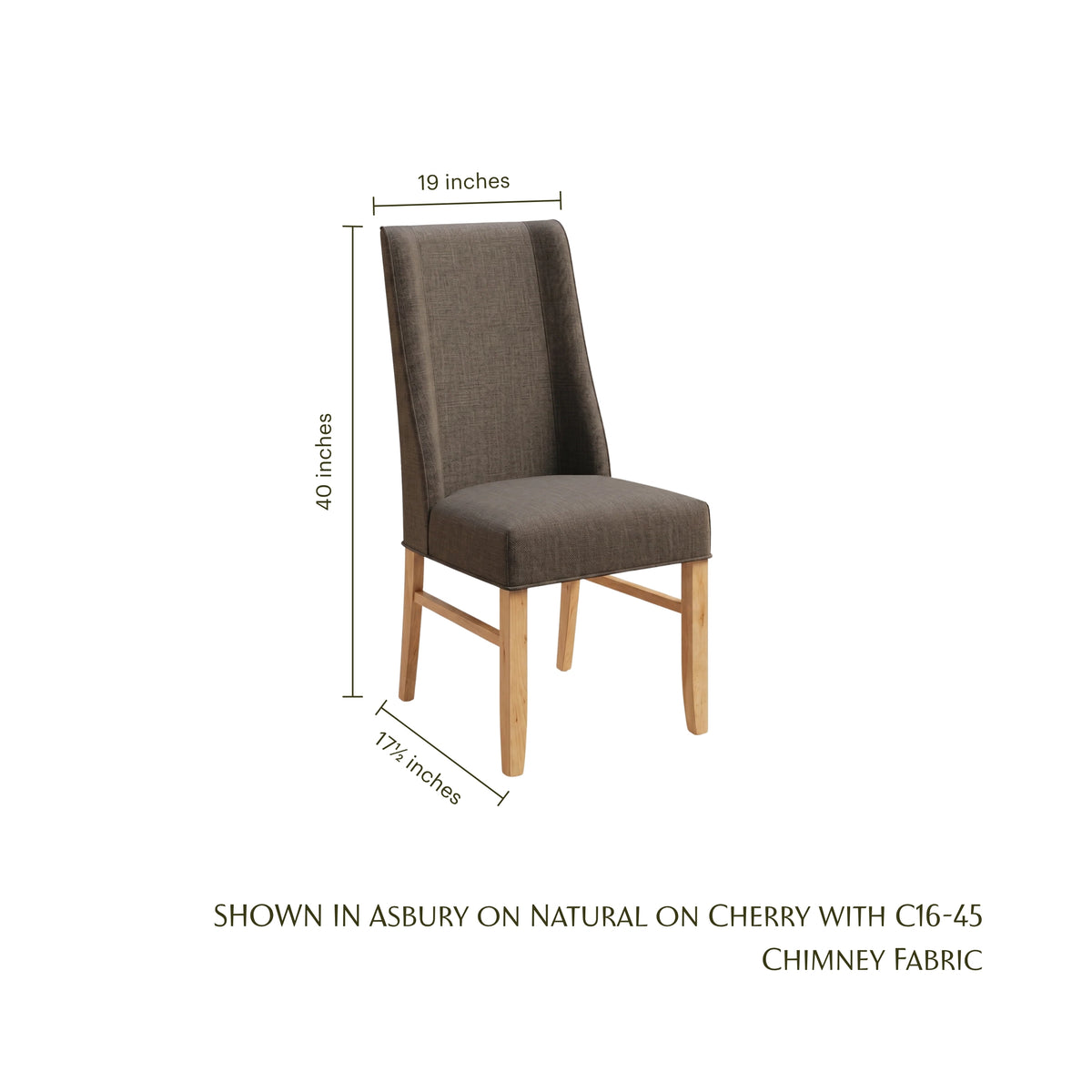 Stella Side Chair in grey fabric with natural wood legs and dimensions shown