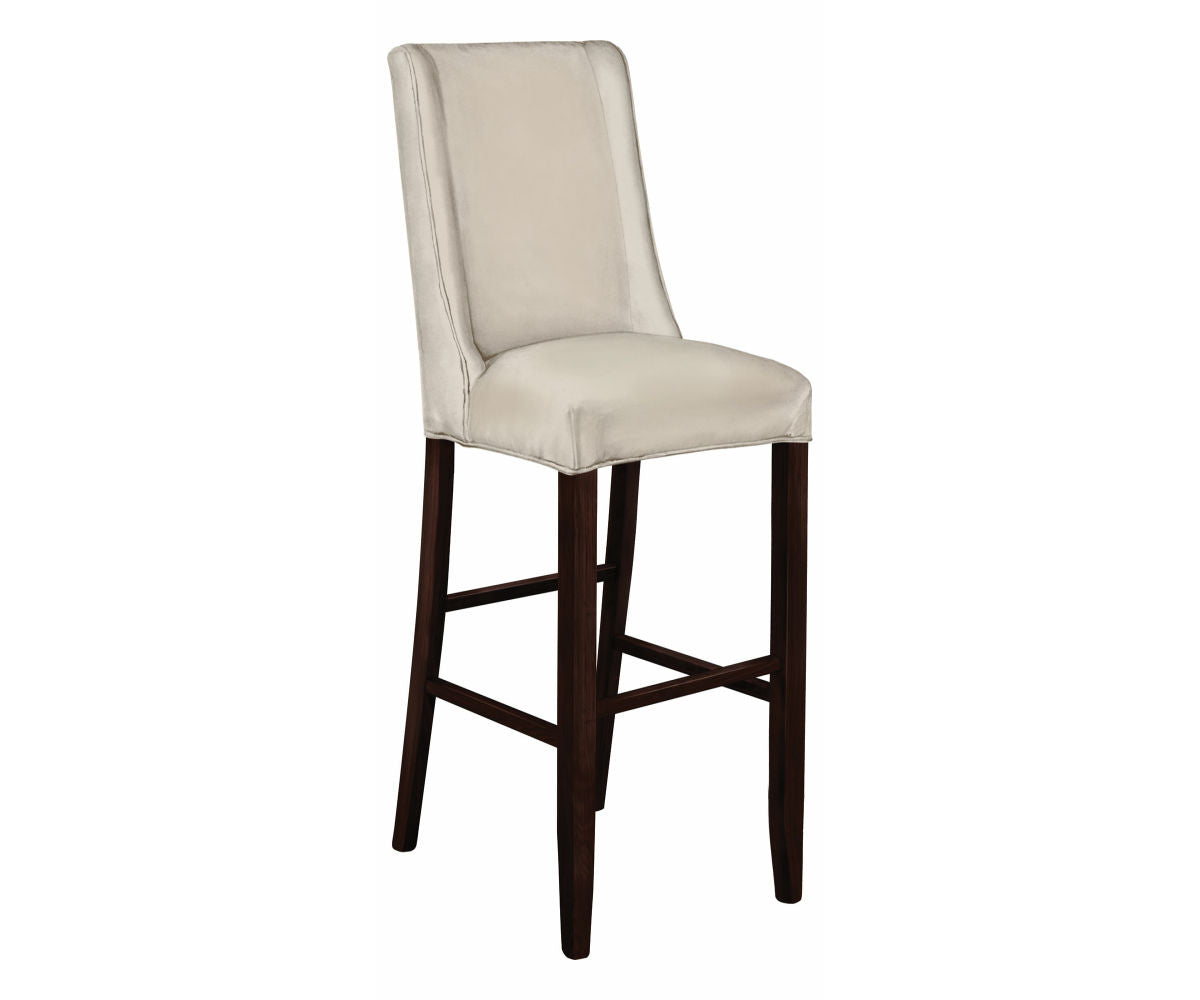 Stella Bar Chair with cream upholstered fabric seat and dark brown solid wood legs.