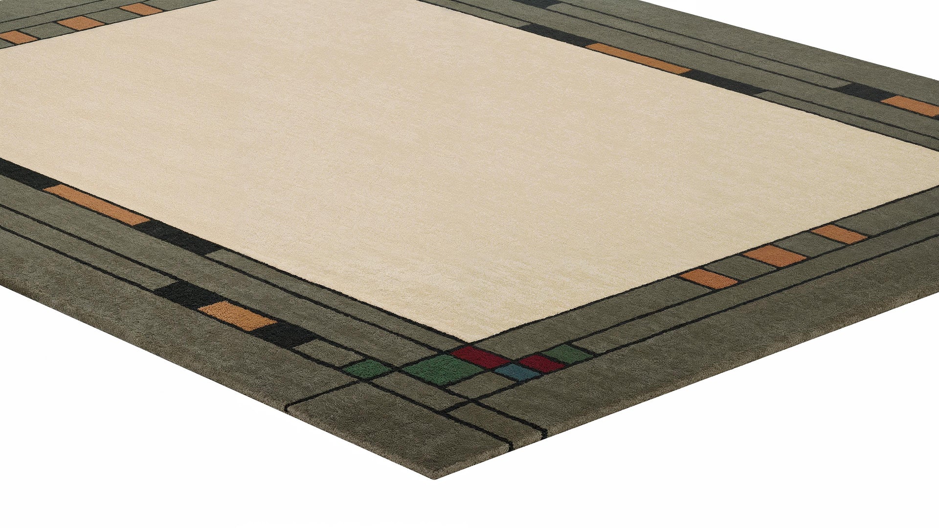 Prairie Summer hand-tufted wool rug with beige center and geometric green border