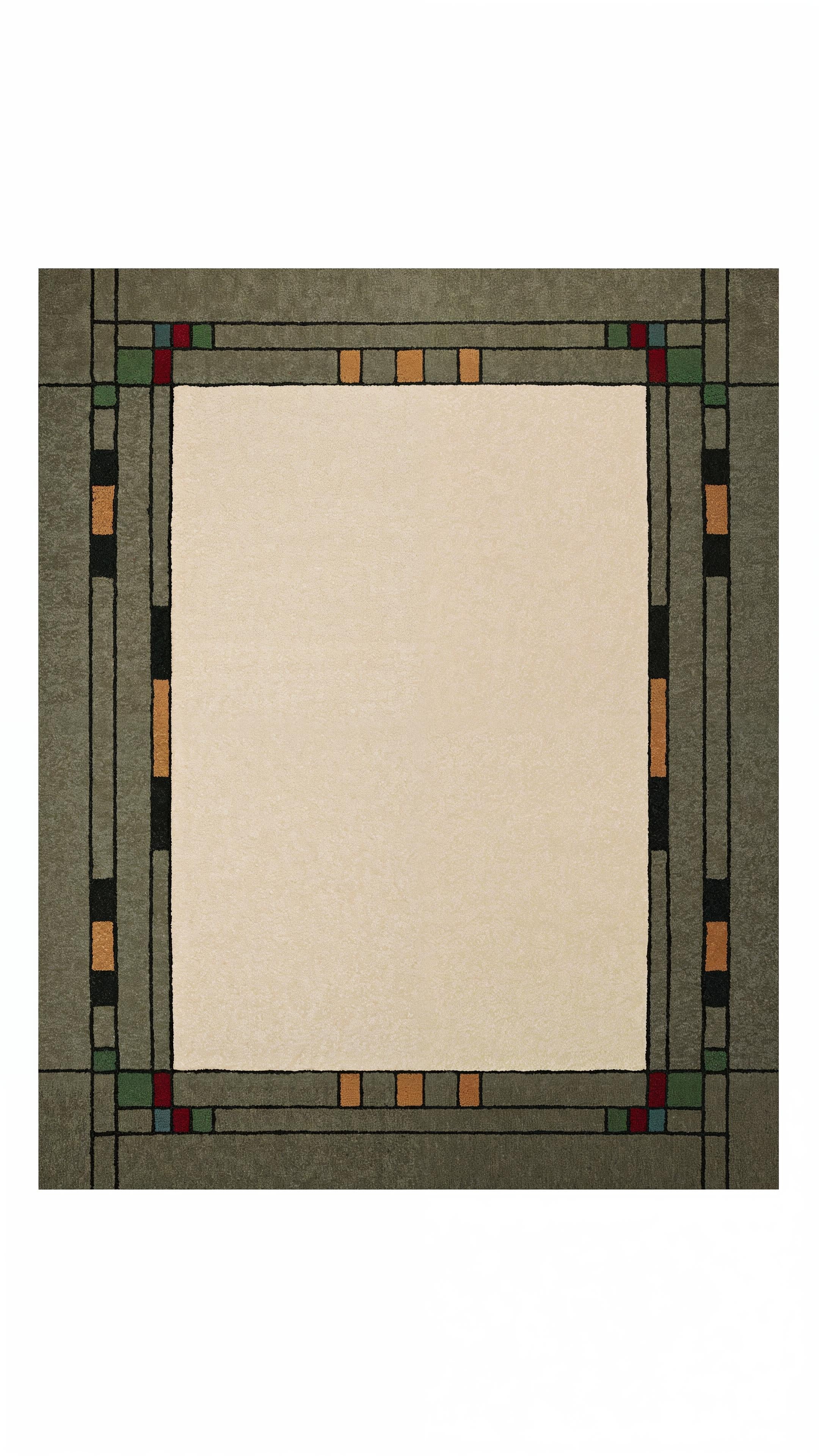 Prairie Summer hand-tufted rug with a cream center and geometric green border