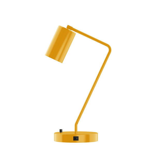 Yellow cylinder shade desk lamp with a modern angled arm and a USB port on the base.