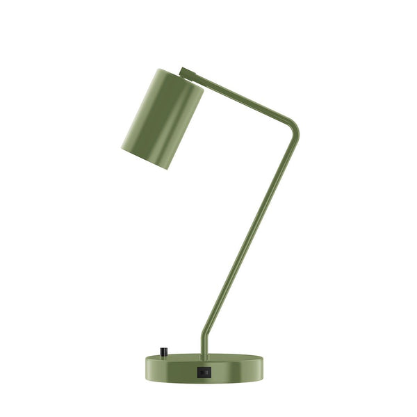 Olive green cylinder shade desk lamp with a USB port and dimmer switch on the base.