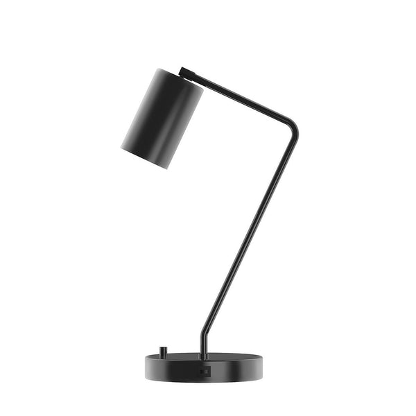 Black cylinder shade desk lamp with a matte black metal frame and USB charging port on the base.
