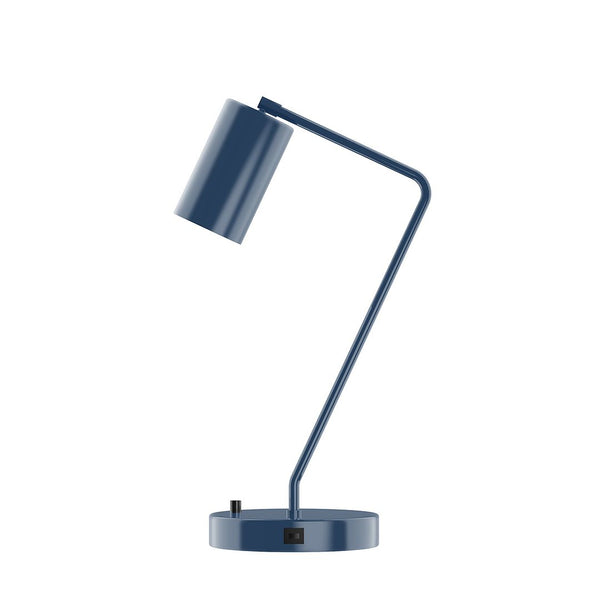 Blue cylinder shade LED desk lamp with a USB port on a round base.