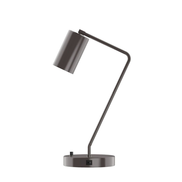 Modern dark bronze cylinder shade desk lamp with a USB port on the base.