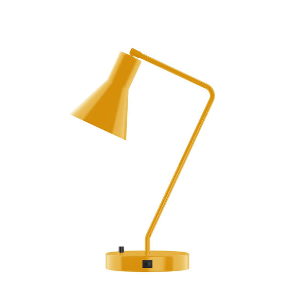 Yellow contemporary desk lamp with a geometric shade, angled arm, and USB port on the base.