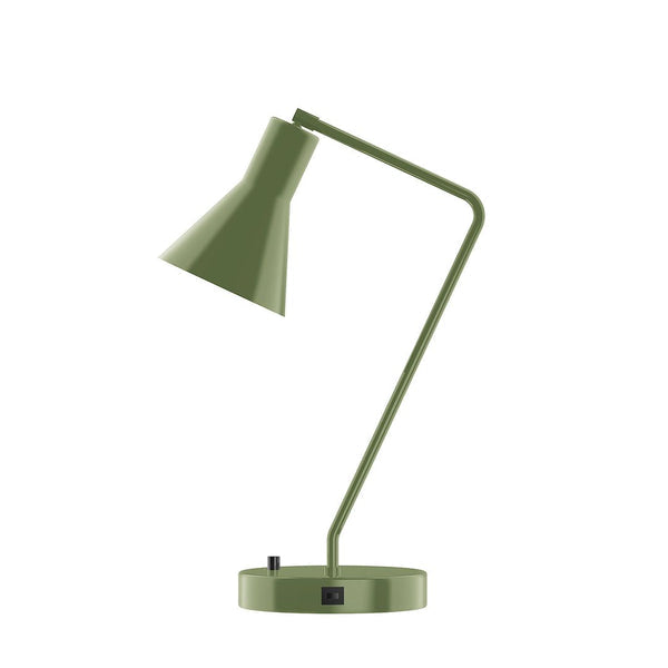 Olive green contemporary LED desk lamp with a geometric shade and USB port on the base.