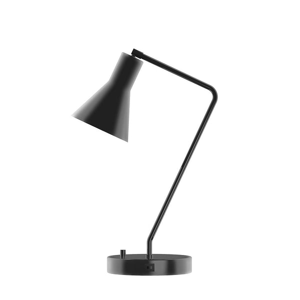 Matte black contemporary desk lamp with a geometric cone shade and integrated USB port on the base.