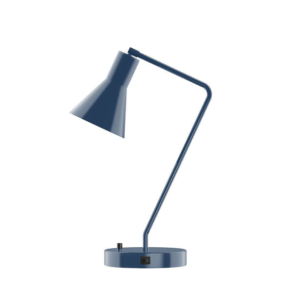Blue contemporary LED desk lamp with a geometric shade, angled arm, and USB port on the base.
