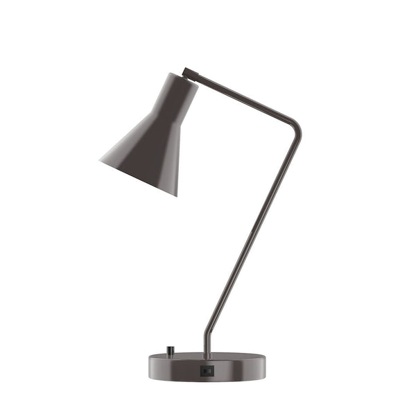 Contemporary dark grey metal desk lamp with a geometric cone shade and USB port on the base.