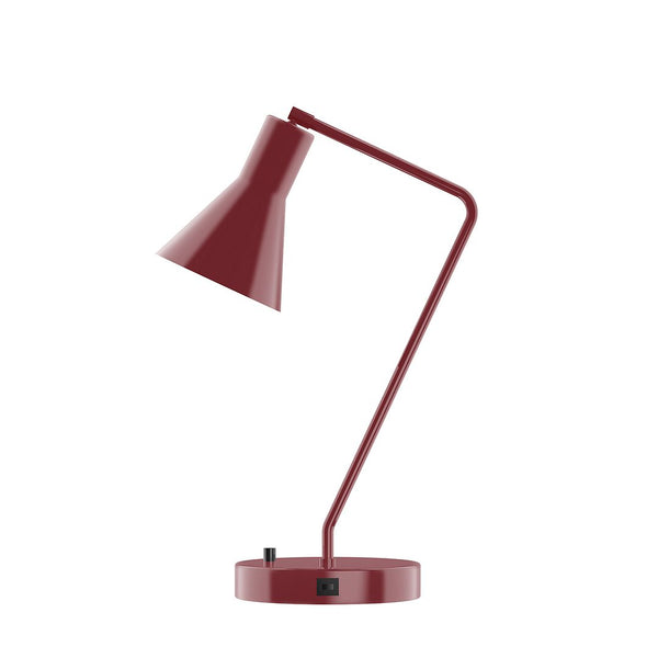 Modern red metal desk lamp with a cone shade, angled arm, and a round base featuring a USB port.