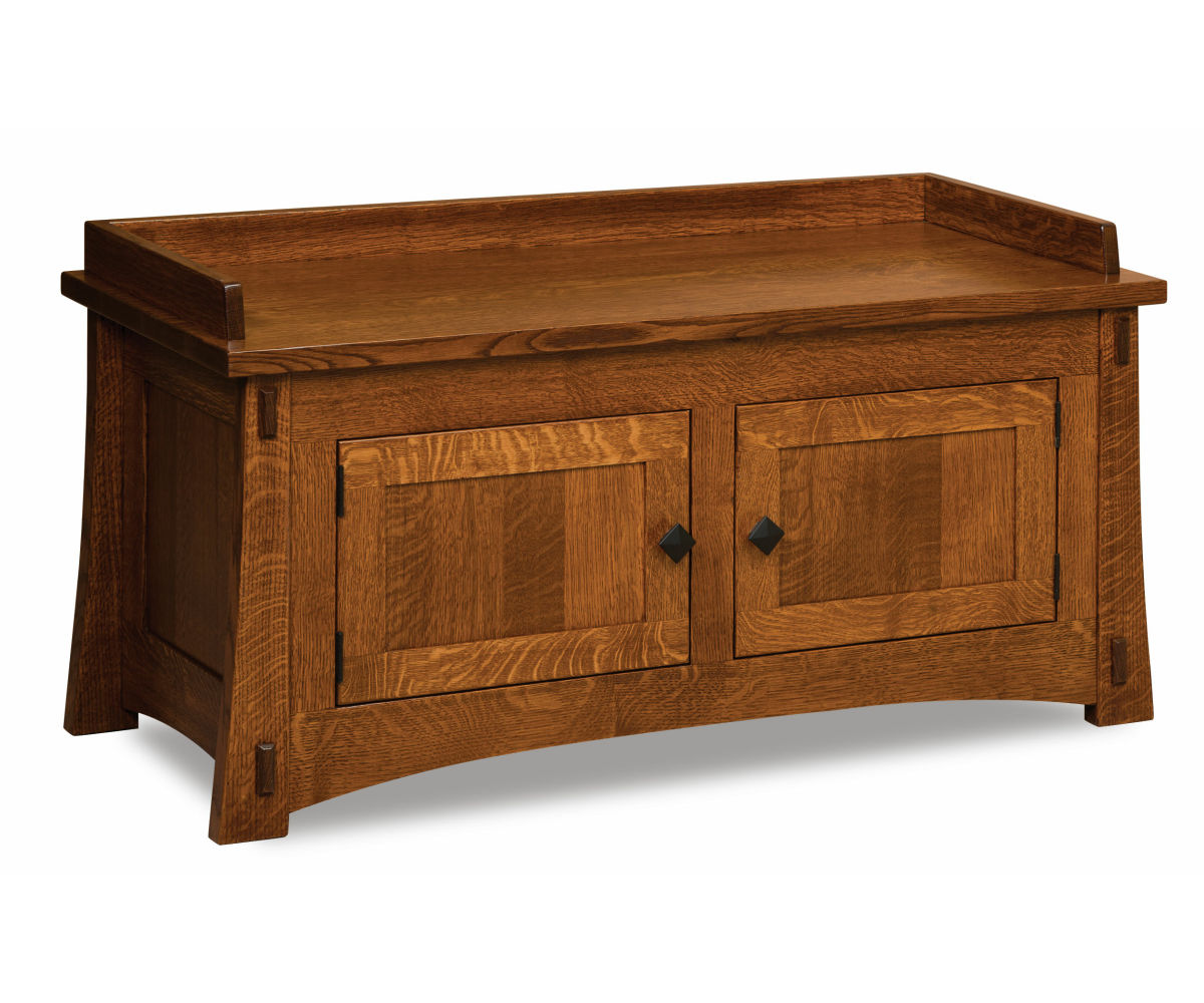 Two Door Modesto Hall Bench in medium brown oak wood with black hardware.
