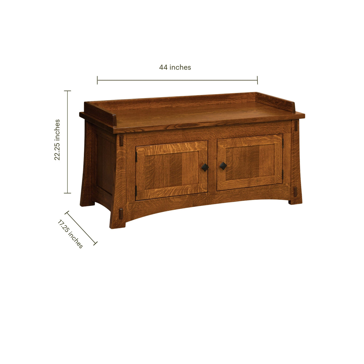 Two Door Modesto Hall Bench in warm brown hardwood with dimensions shown