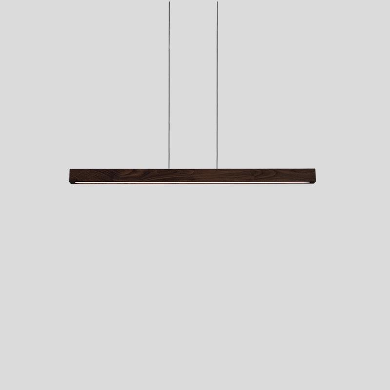Una Linear Pendant Chandelier in dark wood with integrated LED light strip.