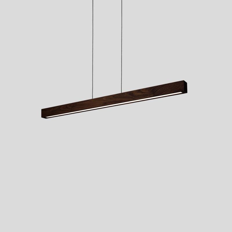 Una Linear Pendant Chandelier in dark wood with integrated LED light strip.