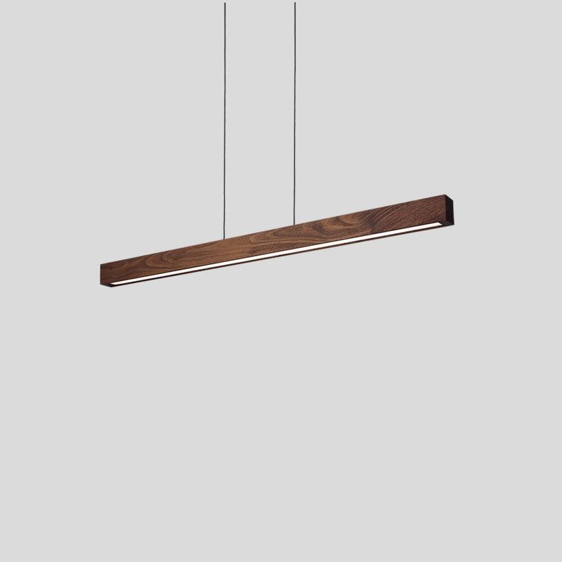 Una linear pendant chandelier in dark walnut wood with integrated LED light strip.
