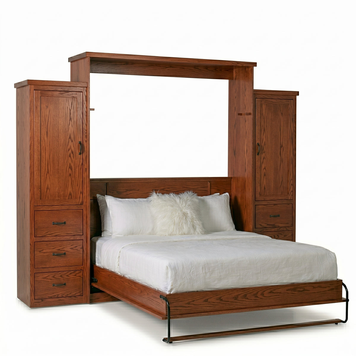 Solid wood vertical Murphy bed with side cabinets and white bedding