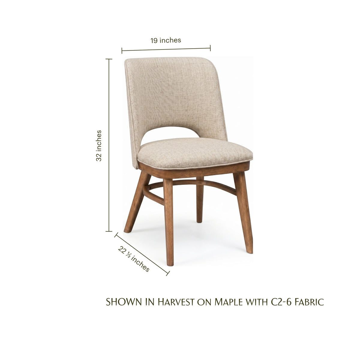 Vinson upholstered dining chair in beige fabric with wood legs and dimensions.