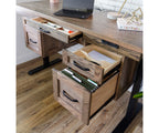 Wooden executive desk with open drawers showing file storage and adjustable height control panel.