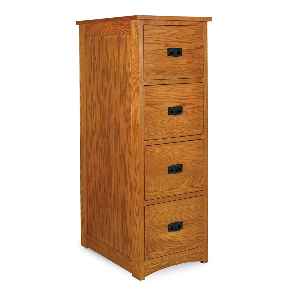 Four-drawer Prairie Mission file cabinet in solid oak wood with dark metal hardware.