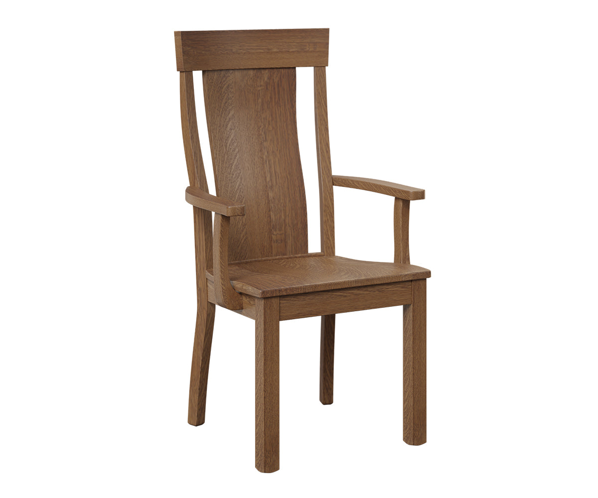 Weldon solid hardwood arm chair with a high back, contoured seat, and medium brown wood finish.