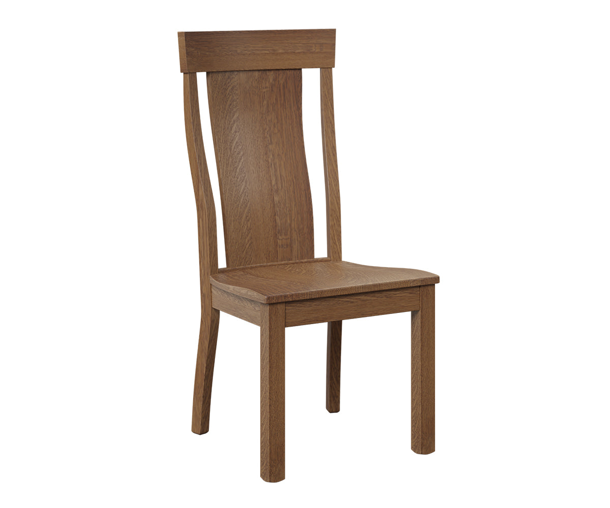Weldon solid hardwood dining side chair in a medium brown wood finish with a curved backrest.