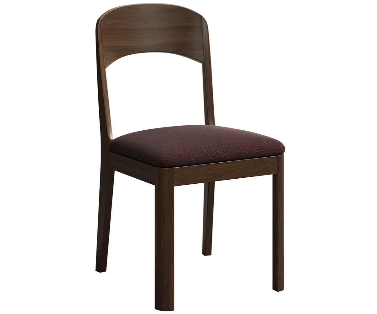 Nova Side Chair in dark brown solid wood with a burgundy upholstered seat cushion.