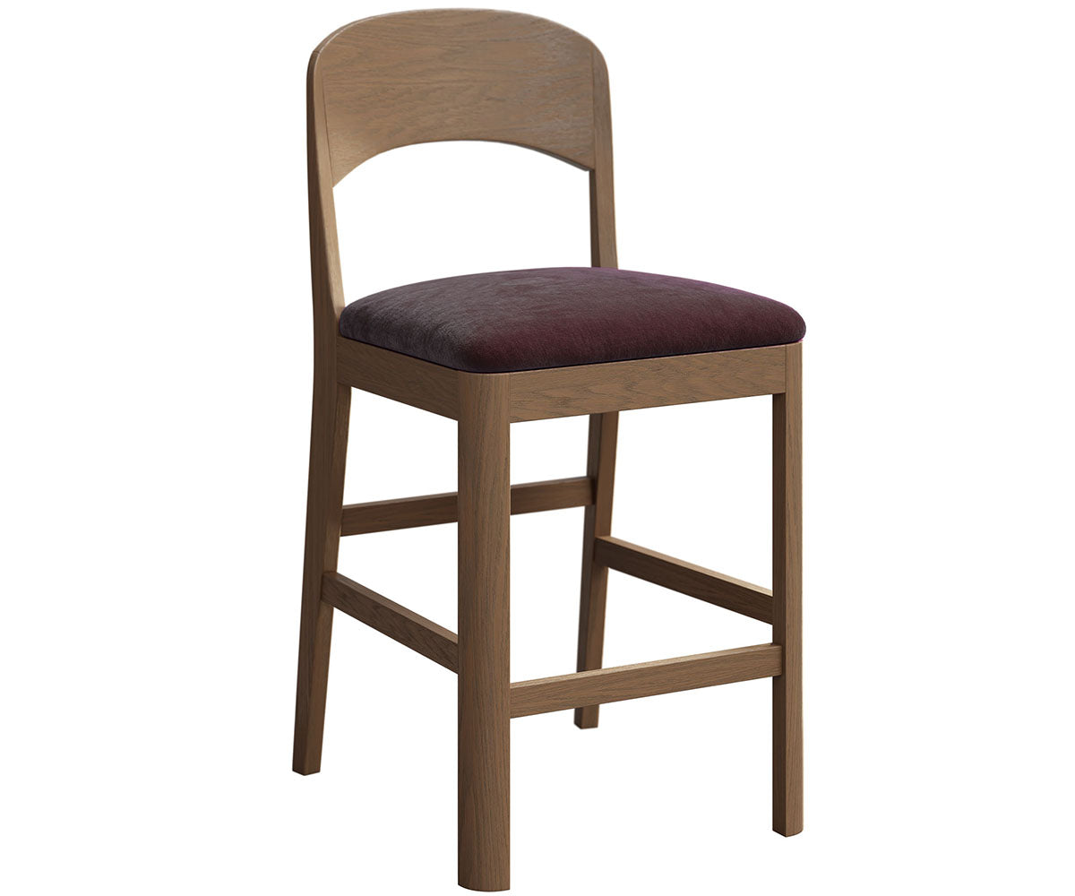 Nova wooden bar chair with a curved backrest and a dark purple upholstered cushion.