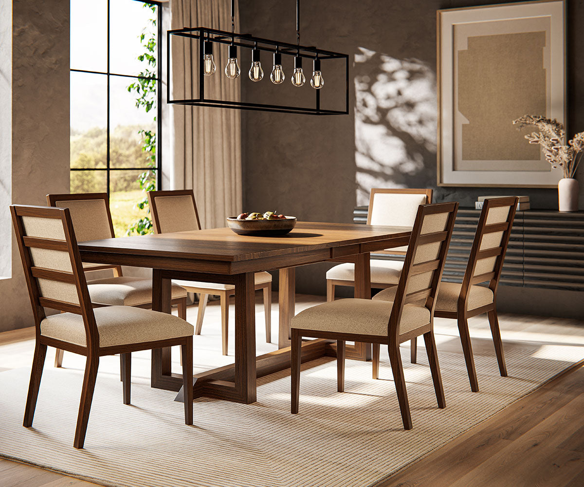 Audrey solid hardwood trestle dining table with six matching upholstered chairs