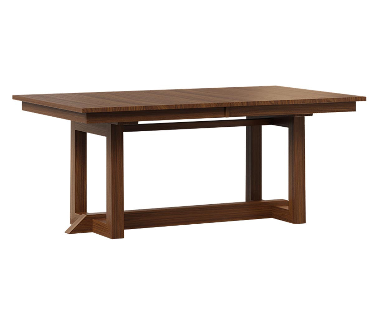 Audrey solid hardwood trestle dining table in a rich brown walnut finish.