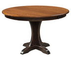Ellis round pedestal dining table with a warm brown wood top and dark espresso base.