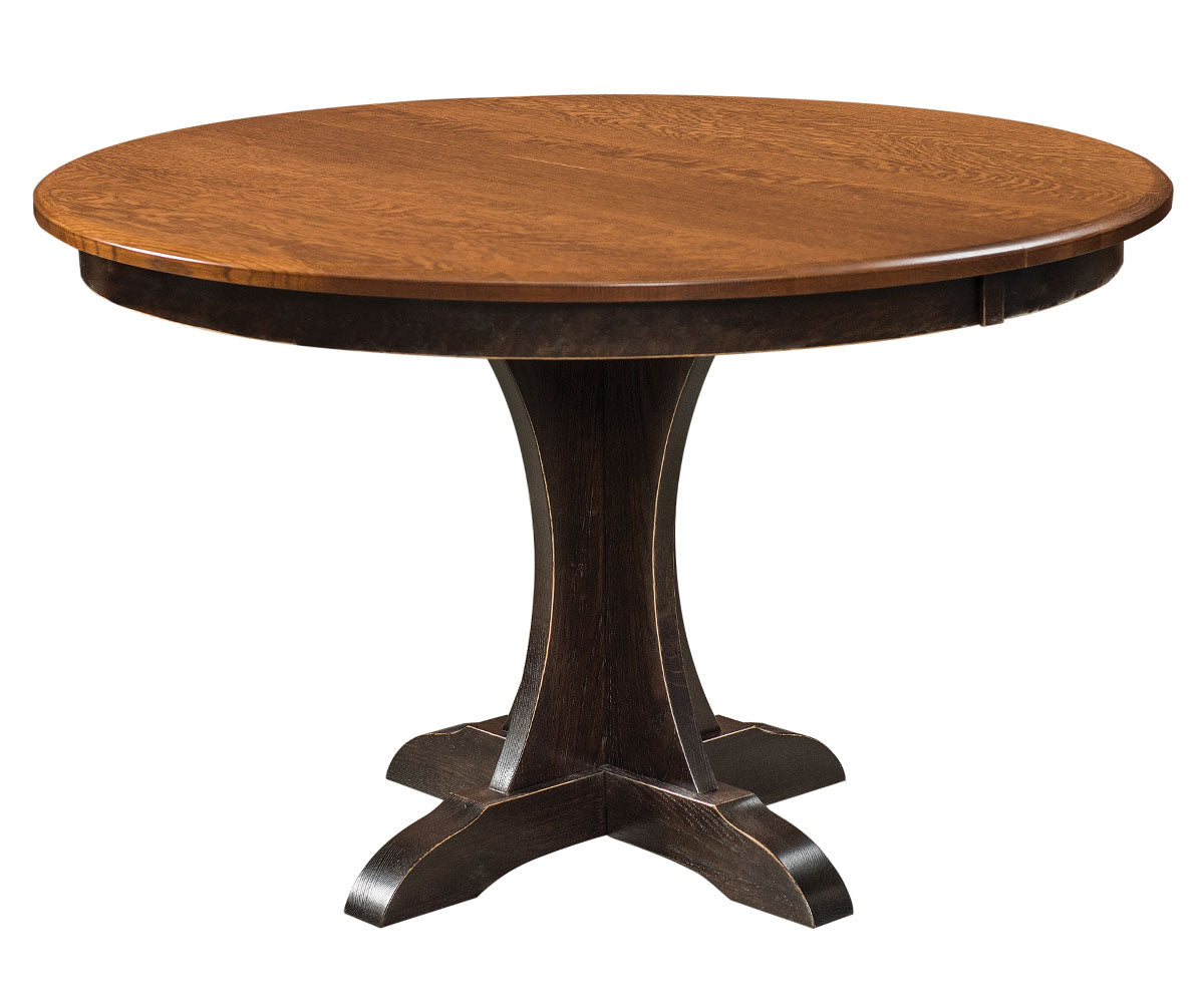 Ellis round pedestal dining table with a warm brown wood top and dark espresso base.