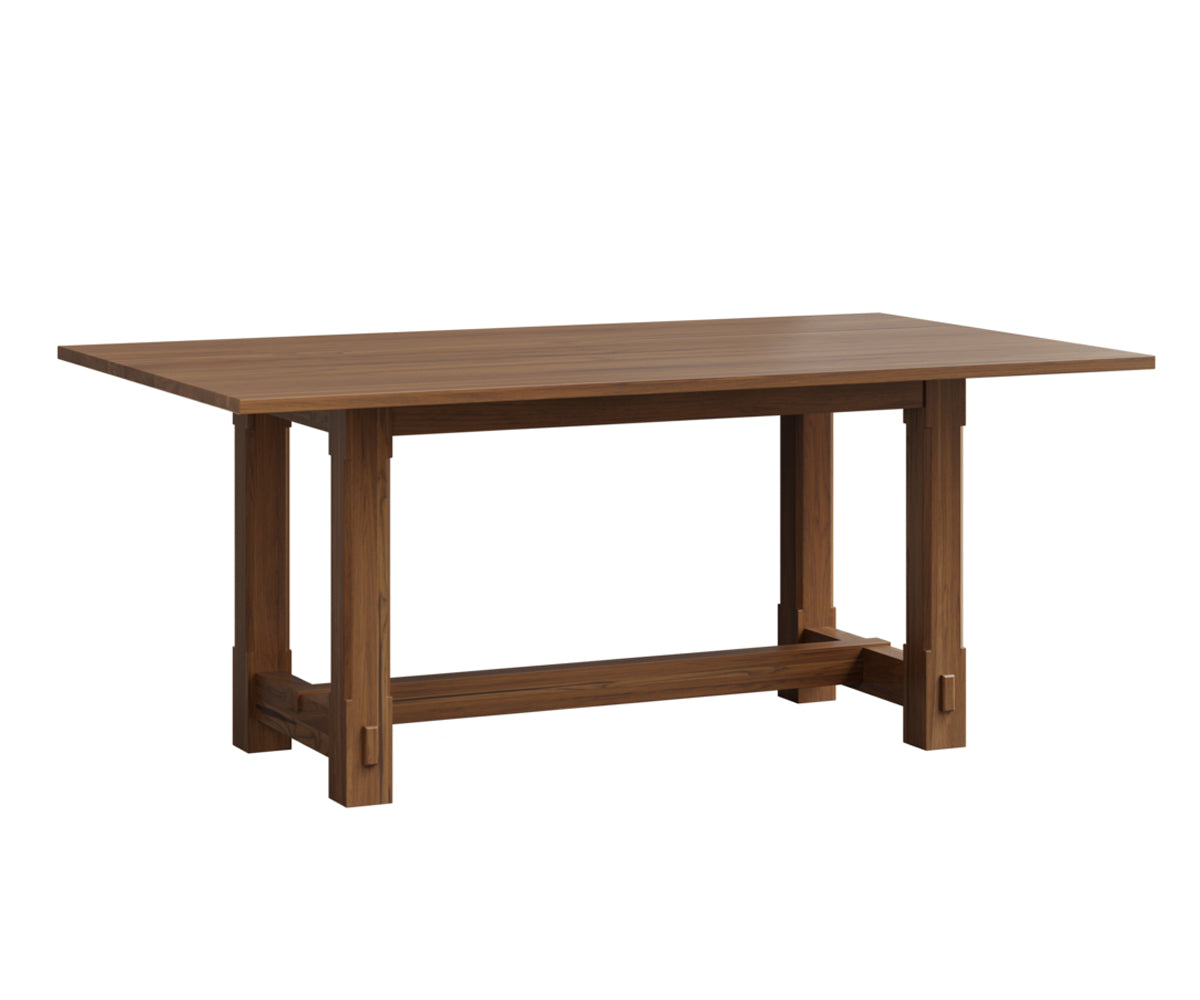 Magnolia wooden trestle dining table in a rich brown finish.