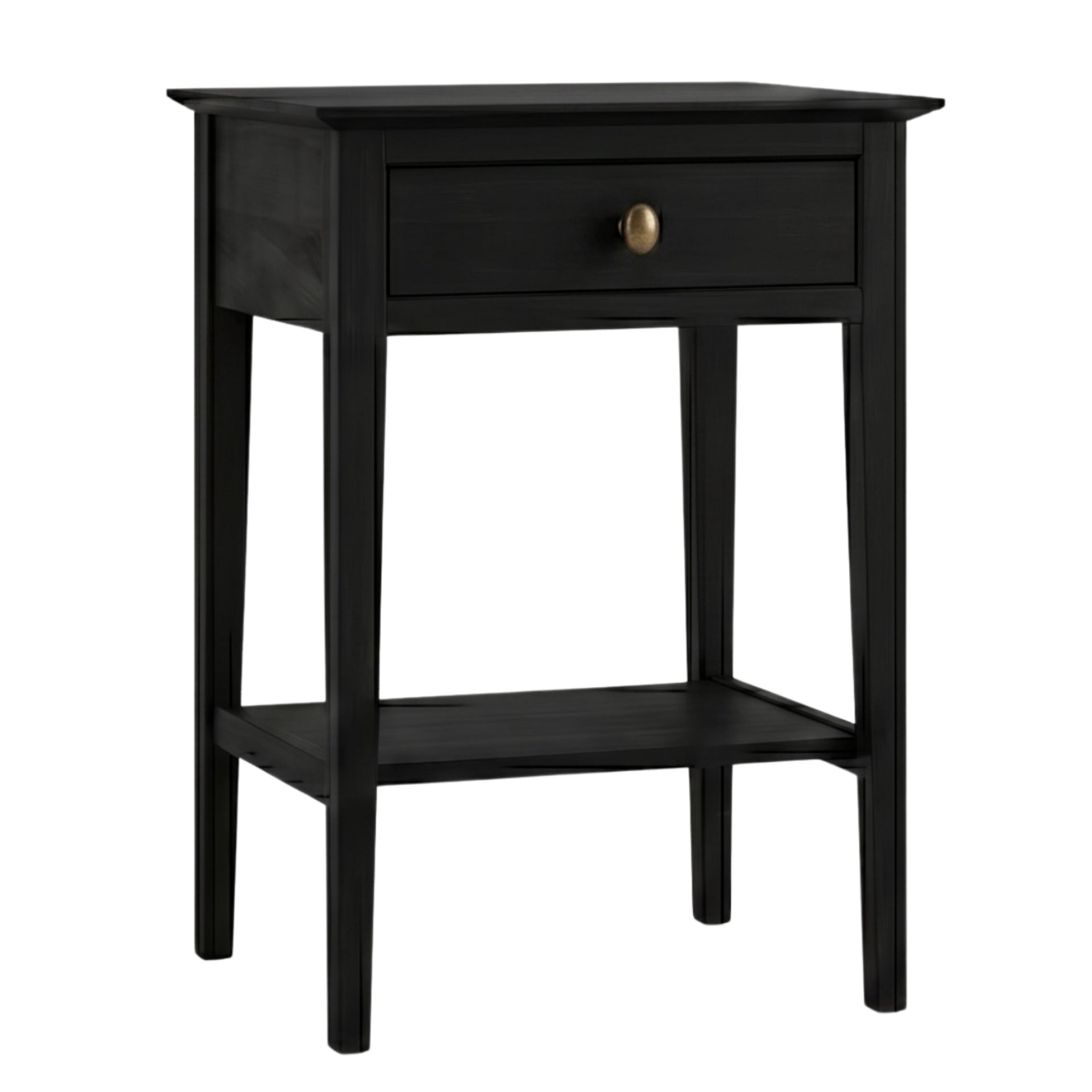 Waterford black wood 1-drawer nightstand with brass knob and lower shelf