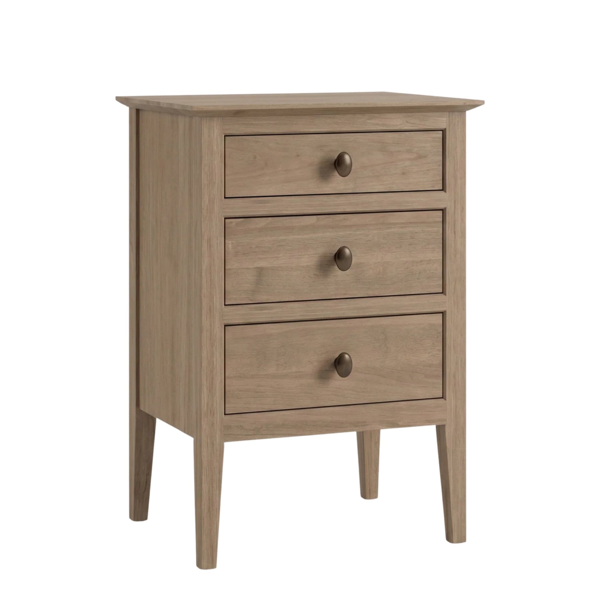 Waterford mid-century 3-drawer wood nightstand with rustic brass knobs