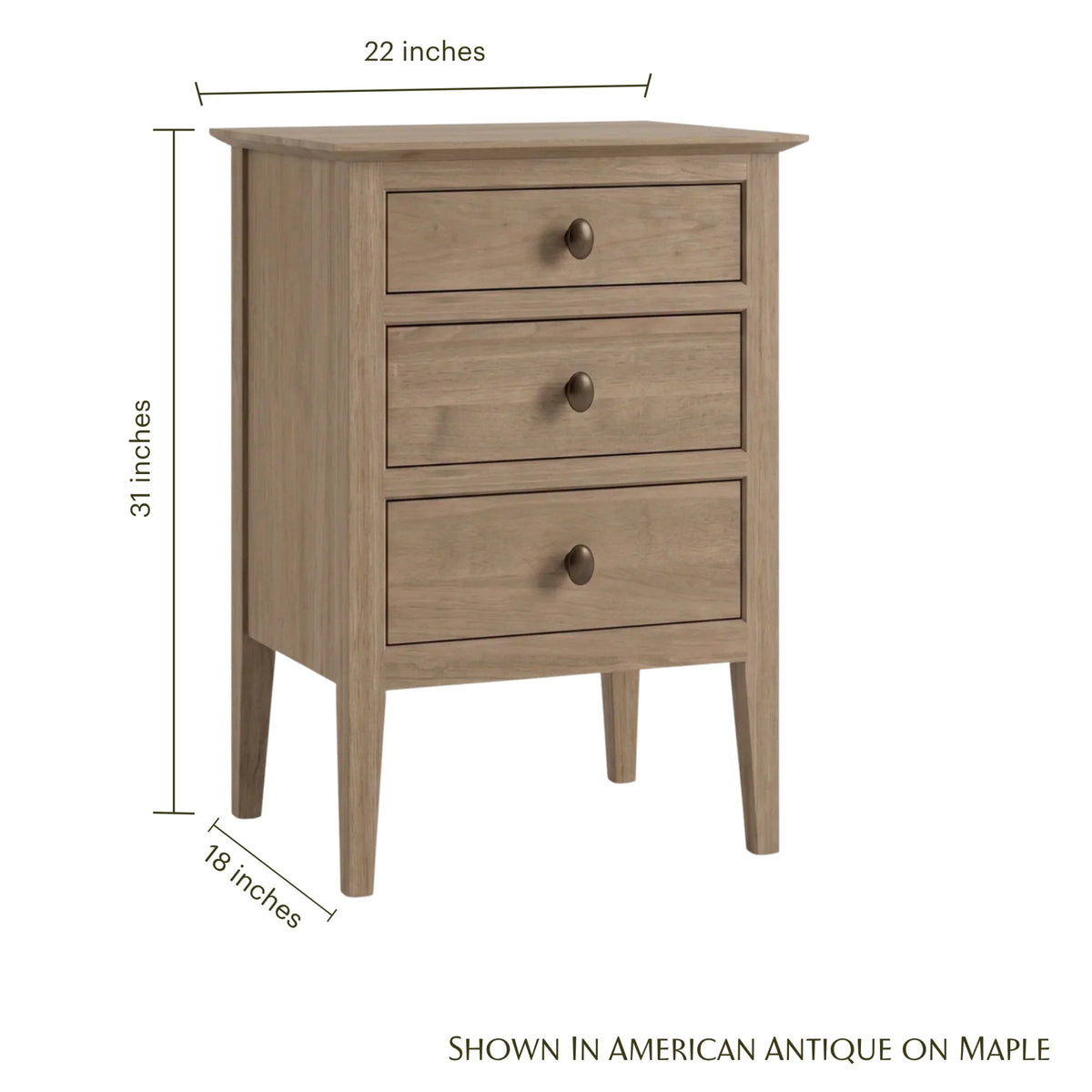 Waterford 3-drawer maple nightstand with dimensions: 22" W x 31" H x 18" D.