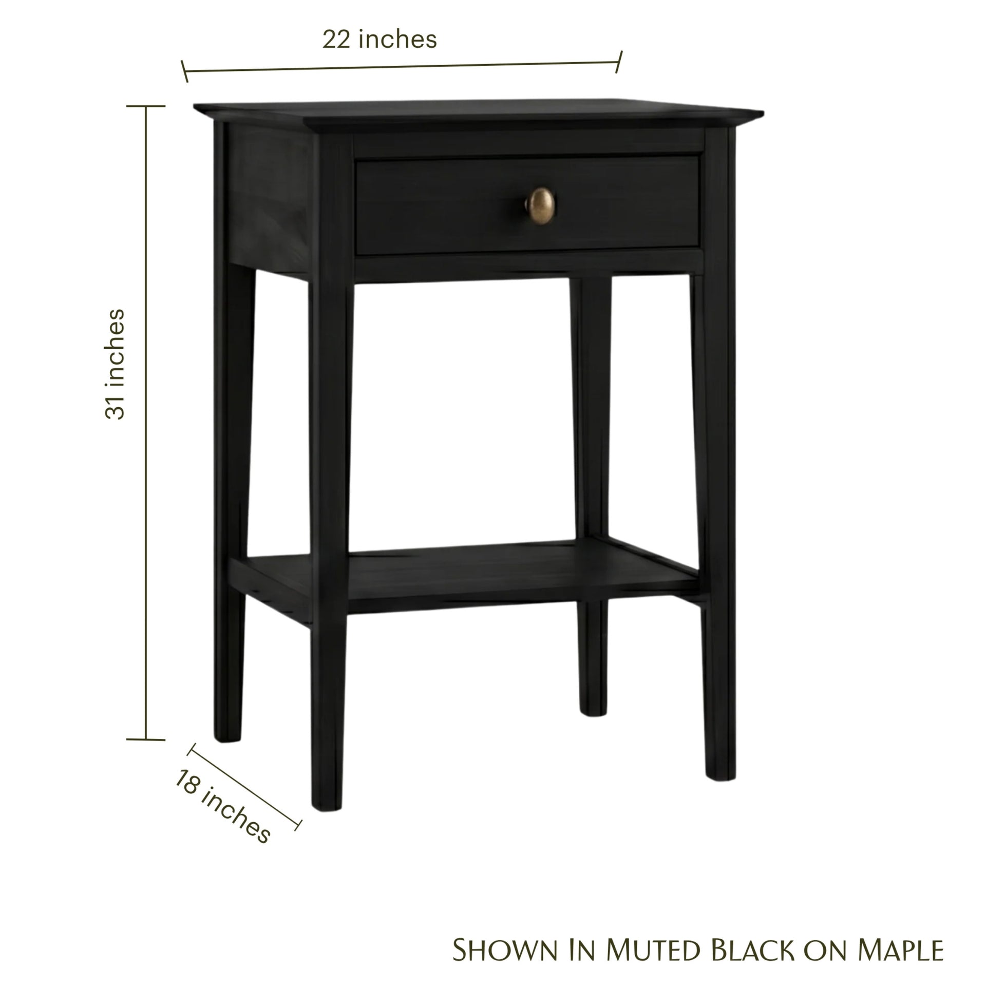 Waterford black wood 1-drawer nightstand with dimensions shown.