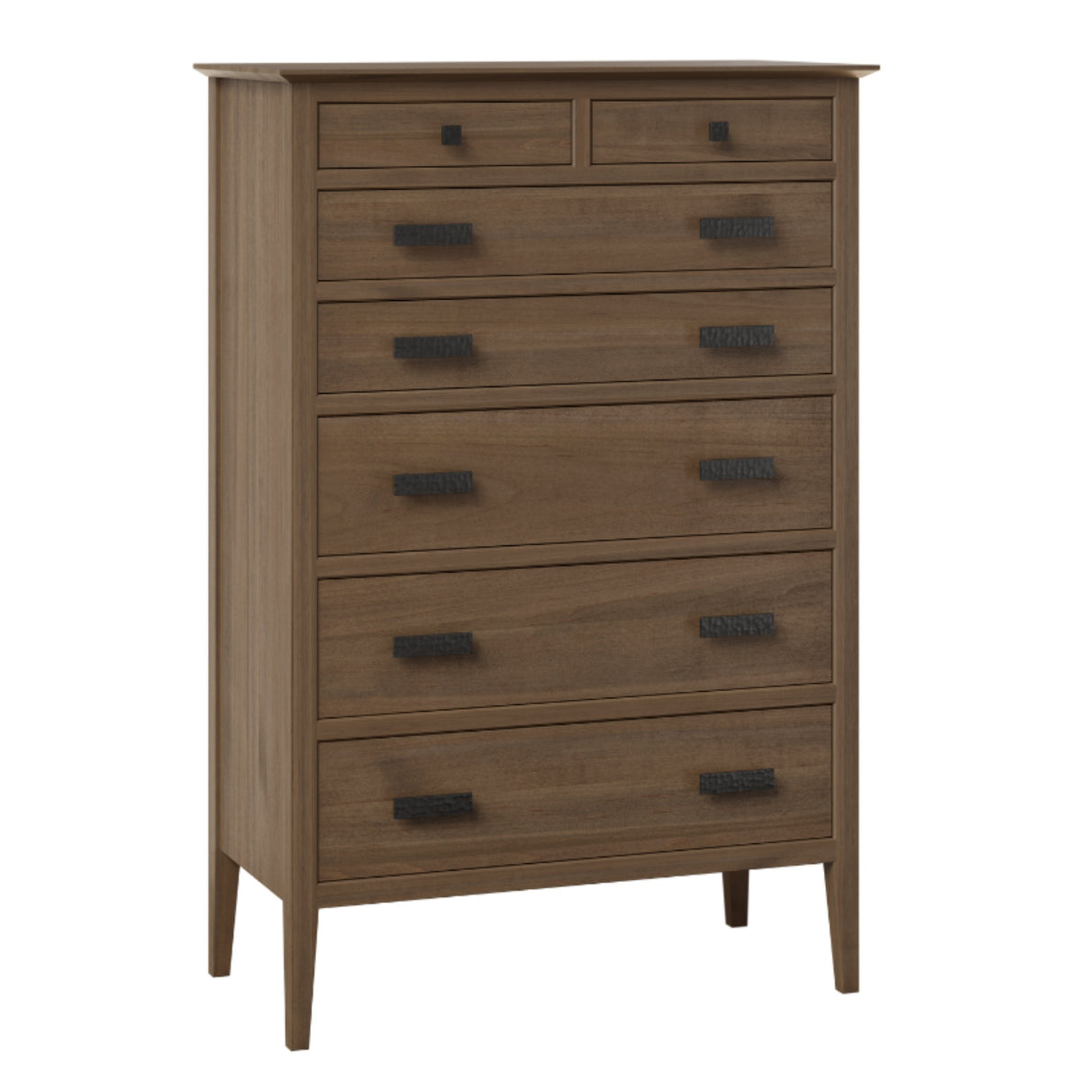 Waterford 7-drawer chest in brown solid hardwood with black textured metal pulls.