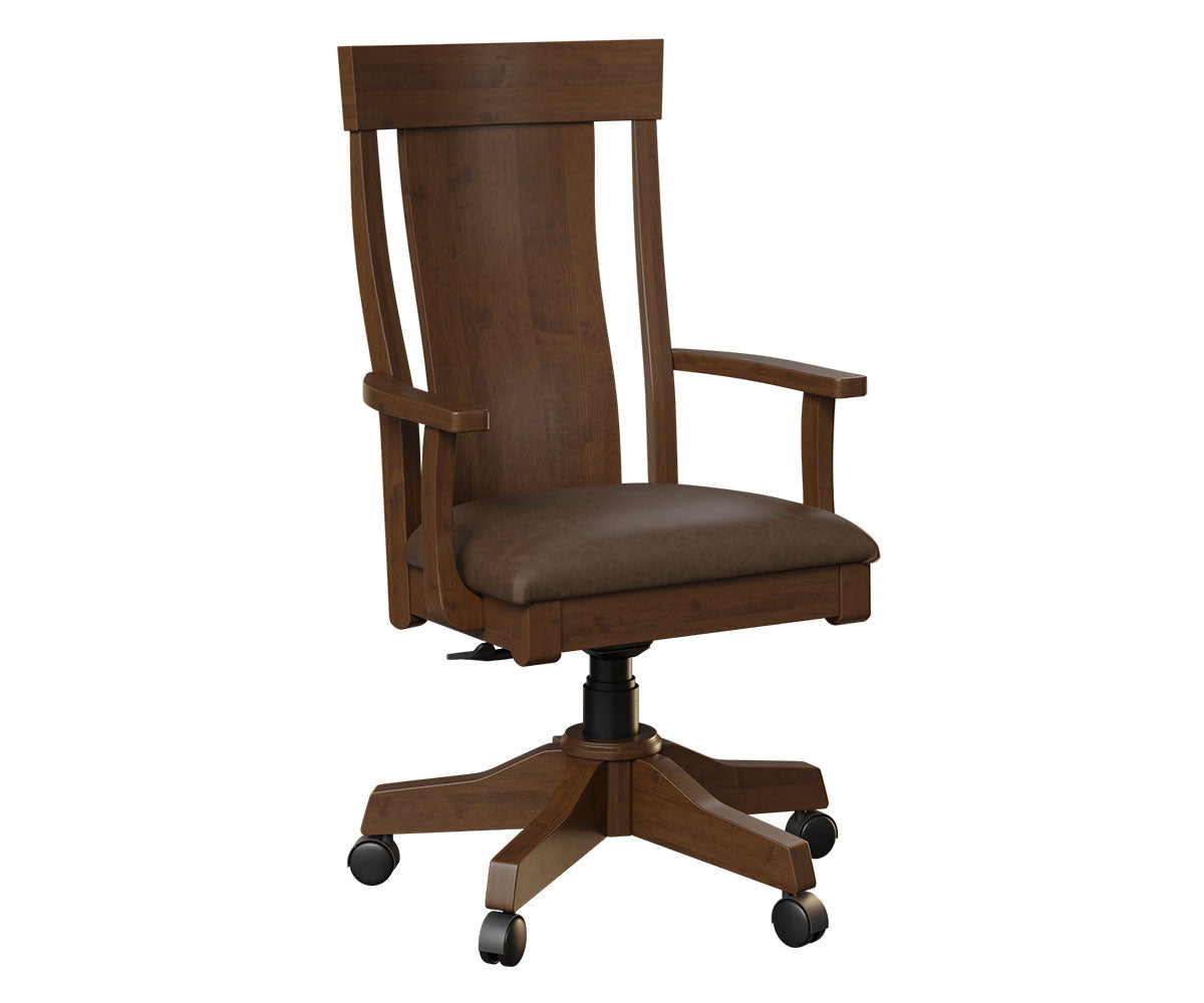 Weldon wooden desk chair with a high back, brown leather seat, and rolling caster wheels.