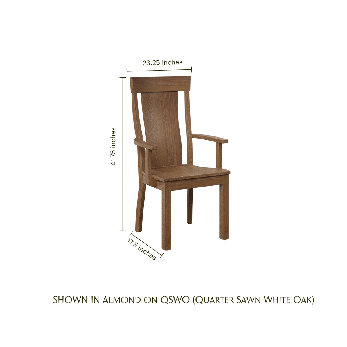 Weldon Arm Chair in almond-finished white oak with dimensions shown.