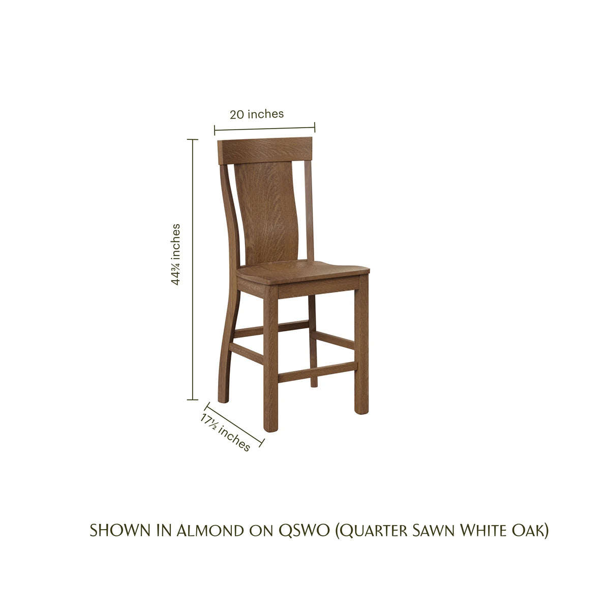 Weldon Bar Chair in almond-finished quarter sawn white oak with dimensions.
